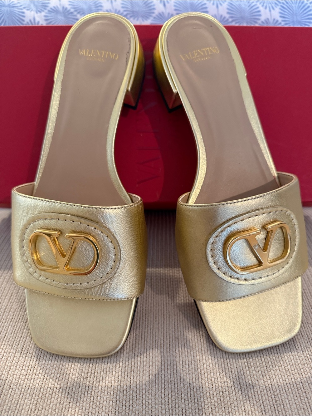 Valentino Metallic Gold Logo Slide Mules